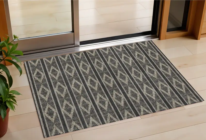 Black And Beige Geometric Washable Indoor Outdoor Area Rug Photo 1