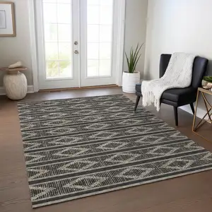 Photo of Black And Beige Geometric Washable Indoor Outdoor Area Rug
