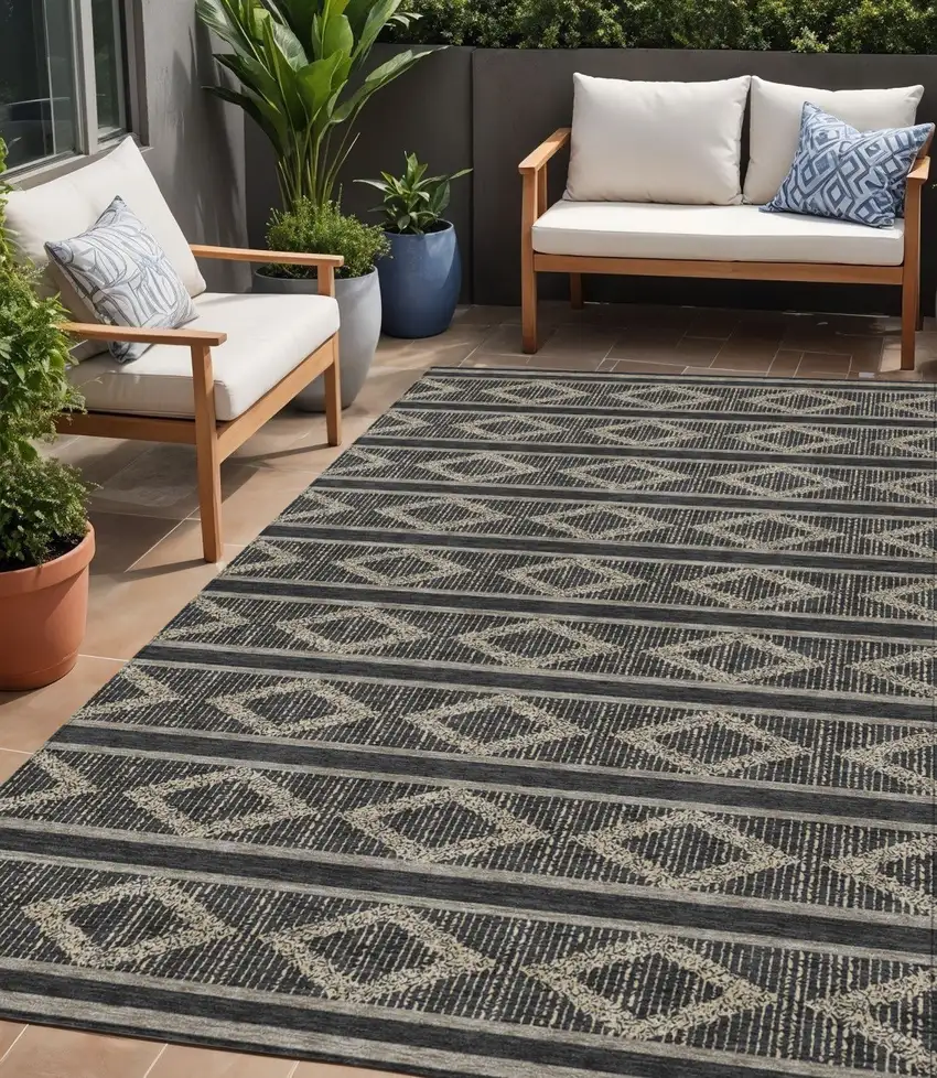 Black And Beige Geometric Washable Indoor Outdoor Area Rug Photo 1
