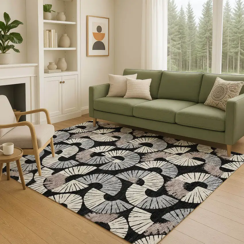 Black And Beige Geometric Washable Indoor Outdoor Area Rug Photo 5