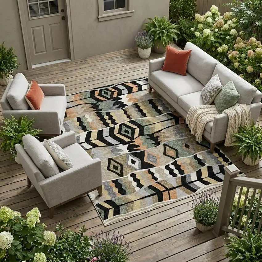 Black And Beige Geometric Washable Indoor Outdoor Area Rug Photo 1