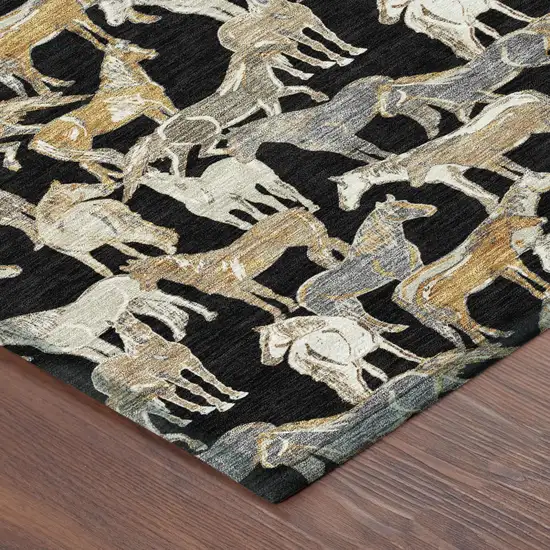 Black And Beige Horse Washable Indoor Outdoor Area Rug Photo 4