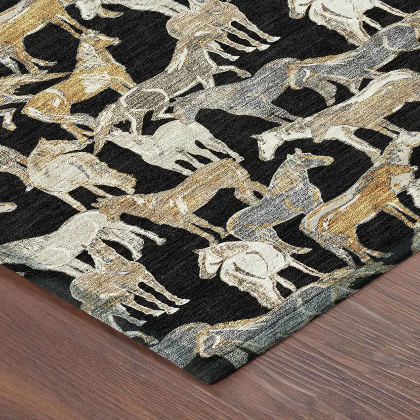 Black And Beige Horse Washable Indoor Outdoor Area Rug Photo 4