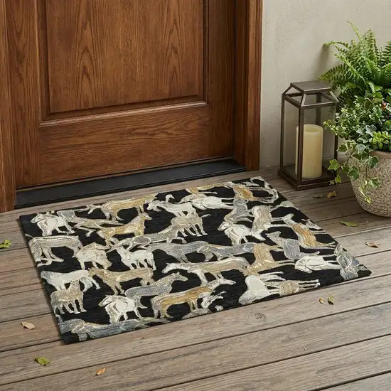 Black And Beige Horse Washable Indoor Outdoor Area Rug Photo 1