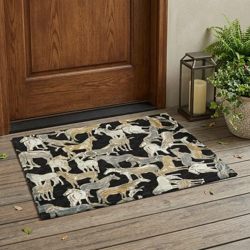 Black And Beige Horse Washable Indoor Outdoor Area Rug Photo 1