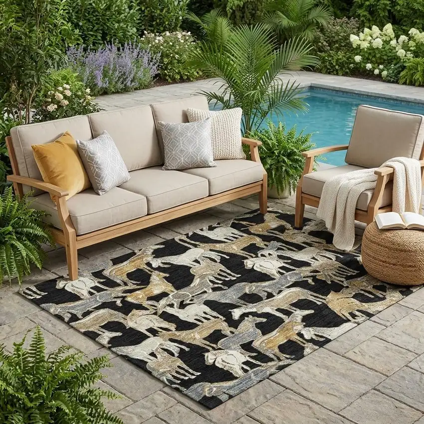 Black And Beige Horse Washable Indoor Outdoor Area Rug Photo 1