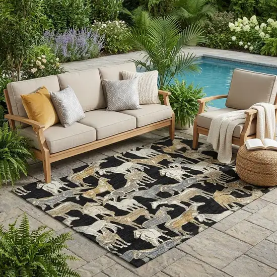 Black And Beige Horse Washable Indoor Outdoor Area Rug Photo 1