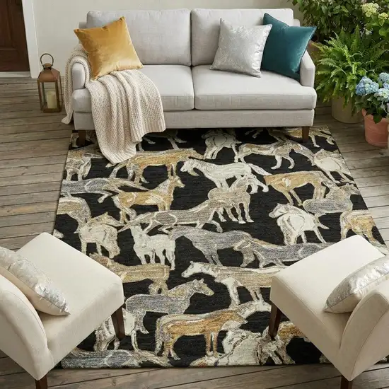 Black And Beige Horse Washable Indoor Outdoor Area Rug Photo 1