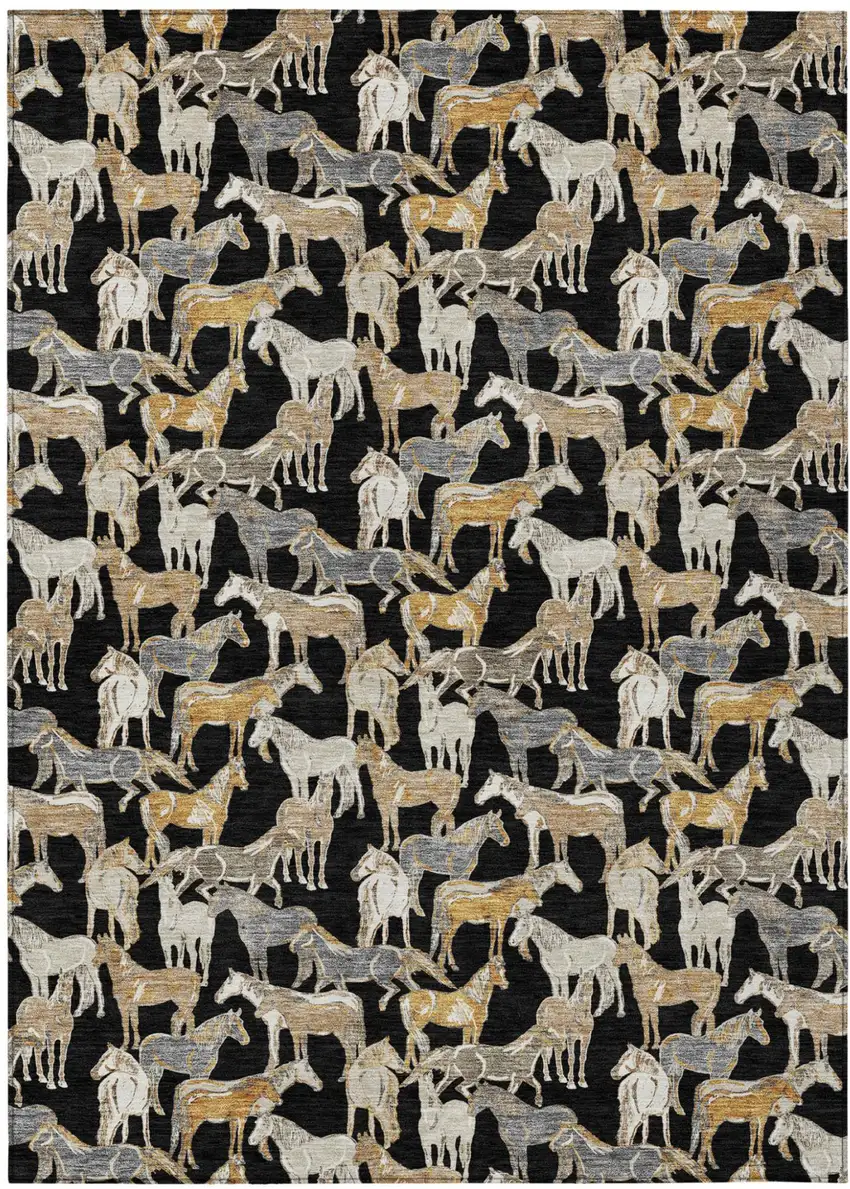 Black And Beige Horse Washable Indoor Outdoor Area Rug Photo 2