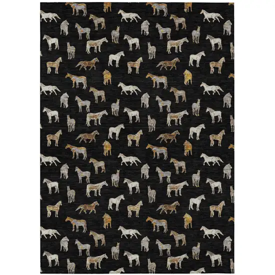 Black And Beige Horse Washable Indoor Outdoor Area Rug Photo 2