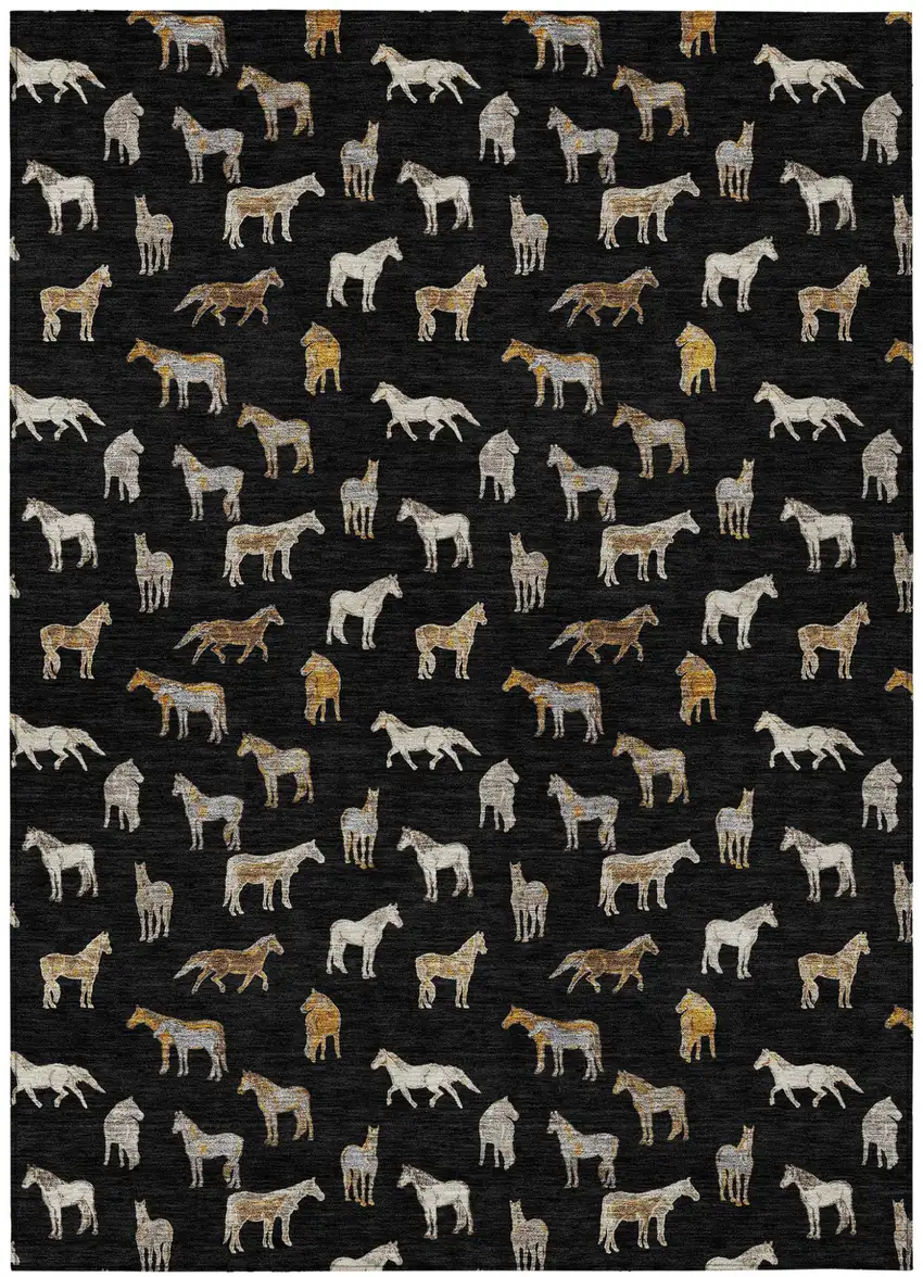 Black And Beige Horse Washable Indoor Outdoor Area Rug Photo 2