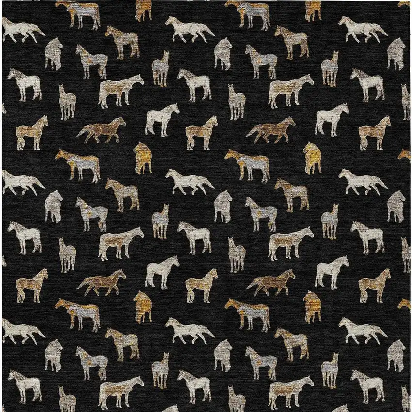 Black And Beige Horse Washable Indoor Outdoor Area Rug Photo 4