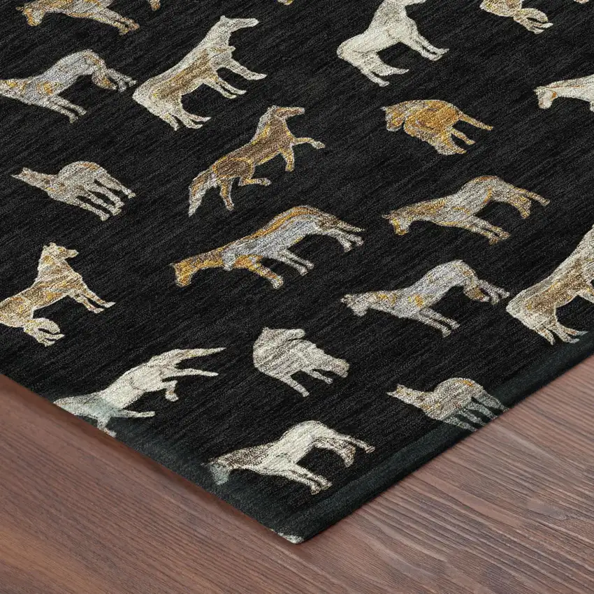Black And Beige Horse Washable Indoor Outdoor Area Rug Photo 5