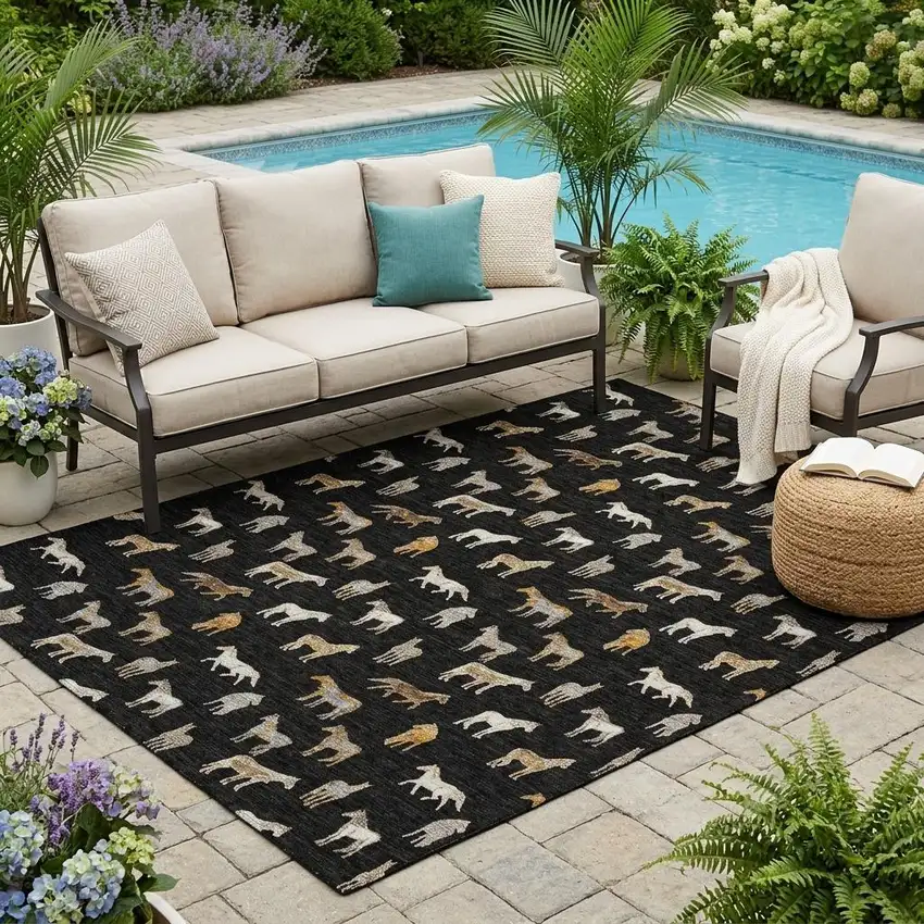 Black And Beige Horse Washable Indoor Outdoor Area Rug Photo 1