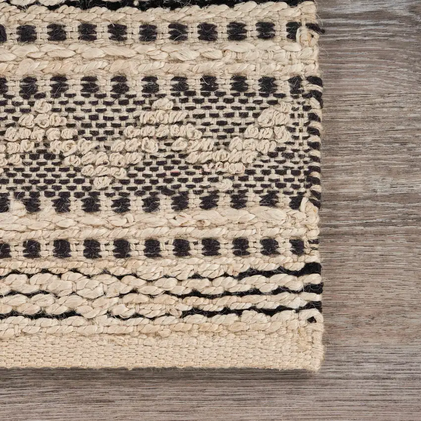 Black And Beige Jute Chevron Hand Woven Square Rug Photo 9