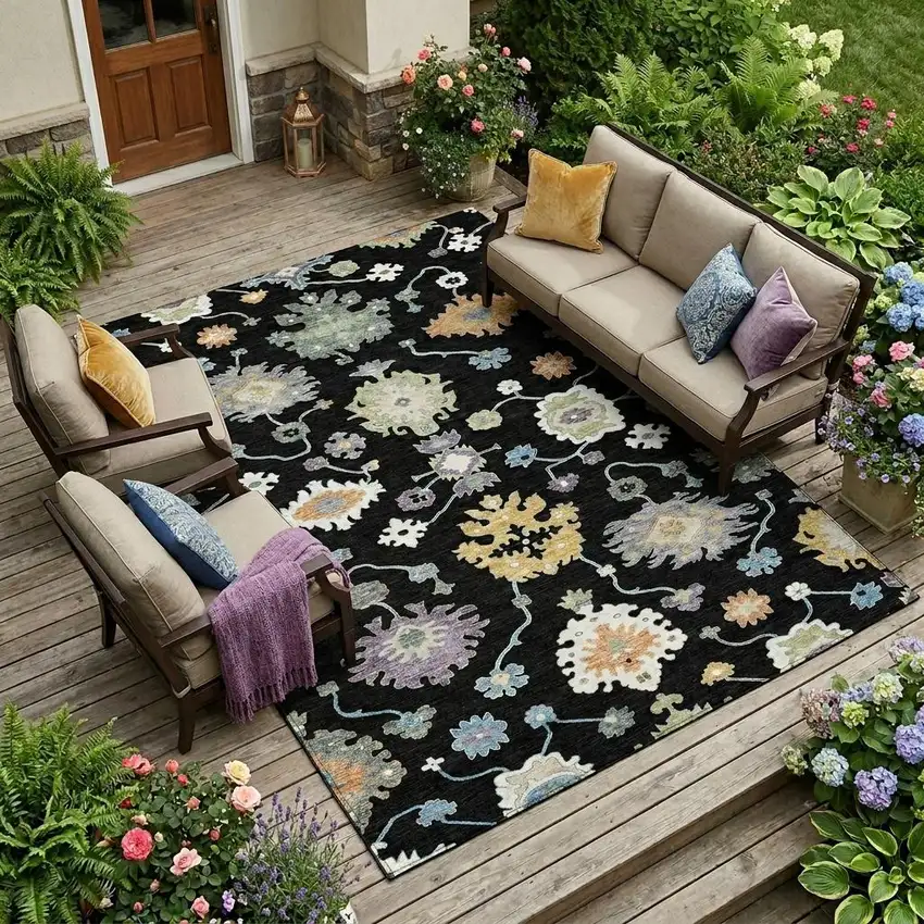 Black And Beige Oriental Washable Indoor Outdoor Area Rug Photo 1