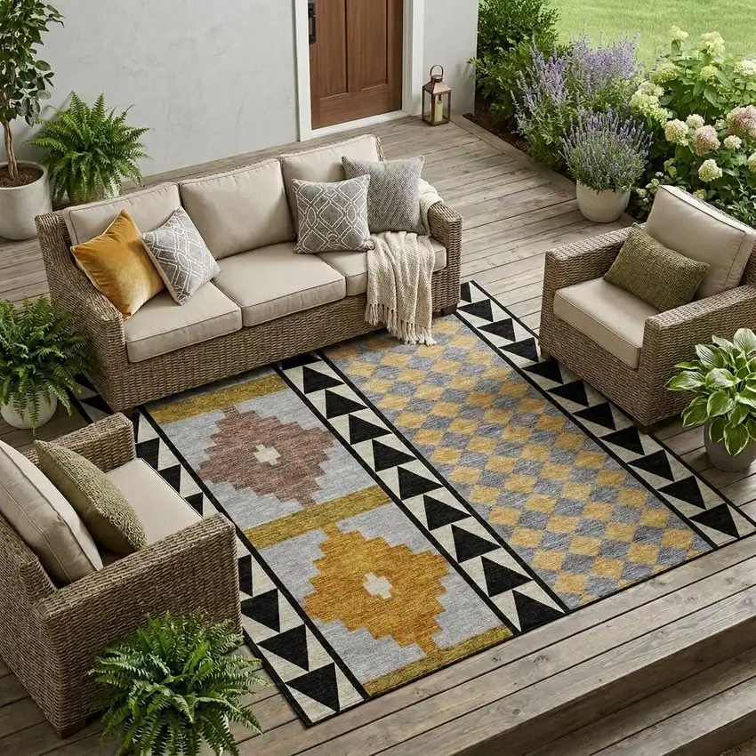 Black And Beige Southwestern Washable Indoor Outdoor Area Rug Photo 1
