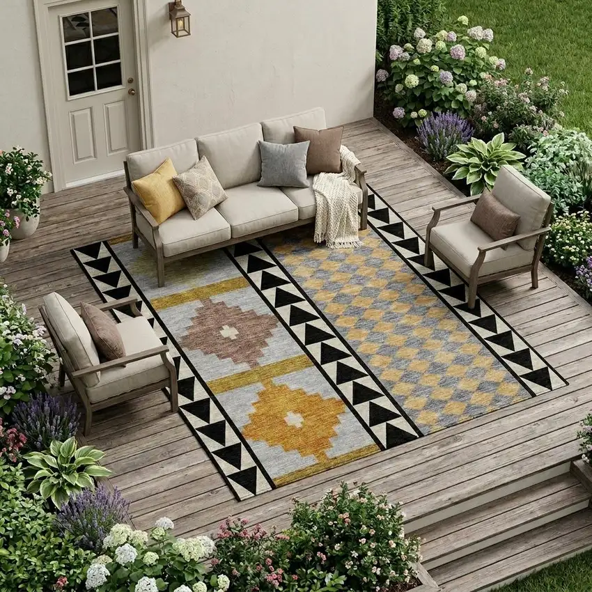 Black And Beige Southwestern Washable Indoor Outdoor Area Rug Photo 1
