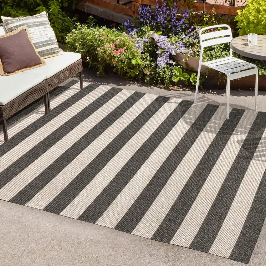 Black And Beige Striped Indoor Outdoor Area Rug Photo 9