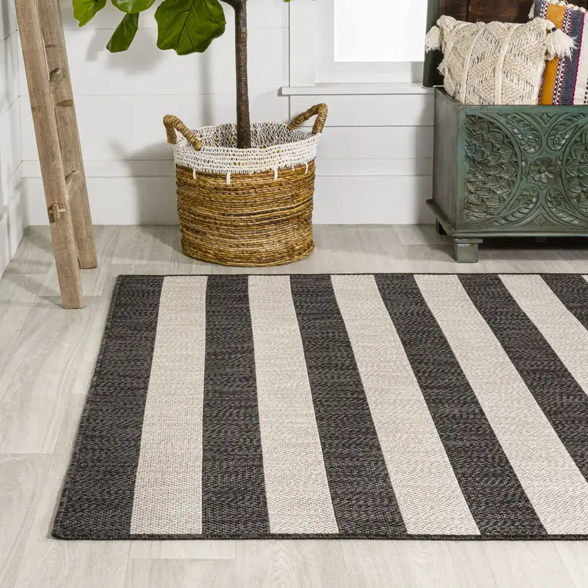 Black And Beige Striped Indoor Outdoor Area Rug Photo 6