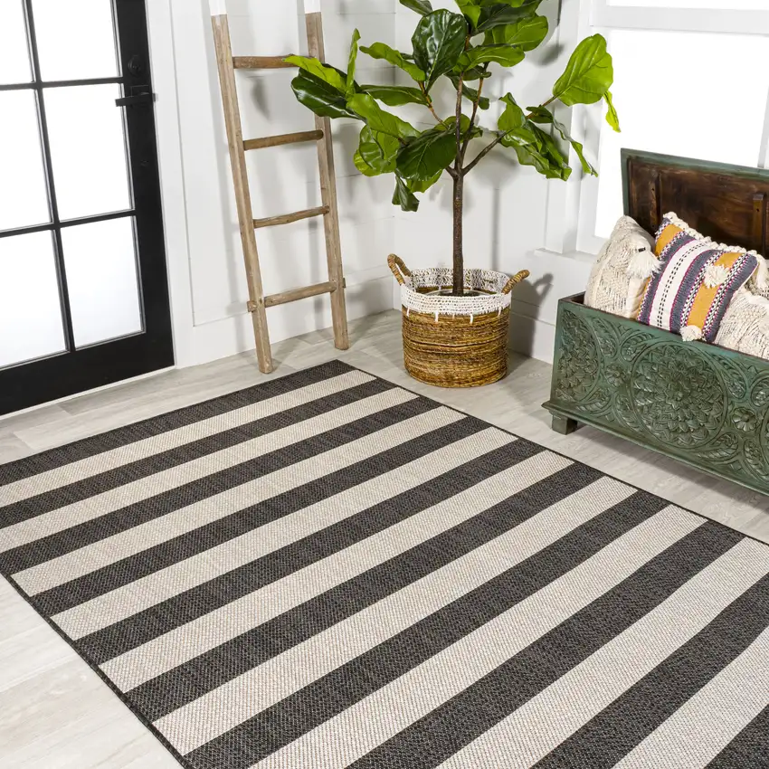 Black And Beige Striped Indoor Outdoor Area Rug Photo 7