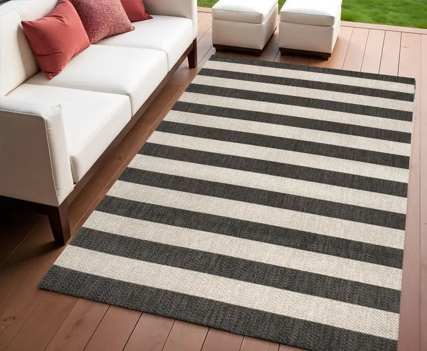 Black And Beige Striped Indoor Outdoor Area Rug Photo 1