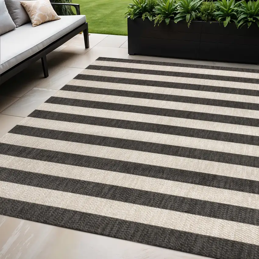 Black And Beige Striped Indoor Outdoor Area Rug Photo 1