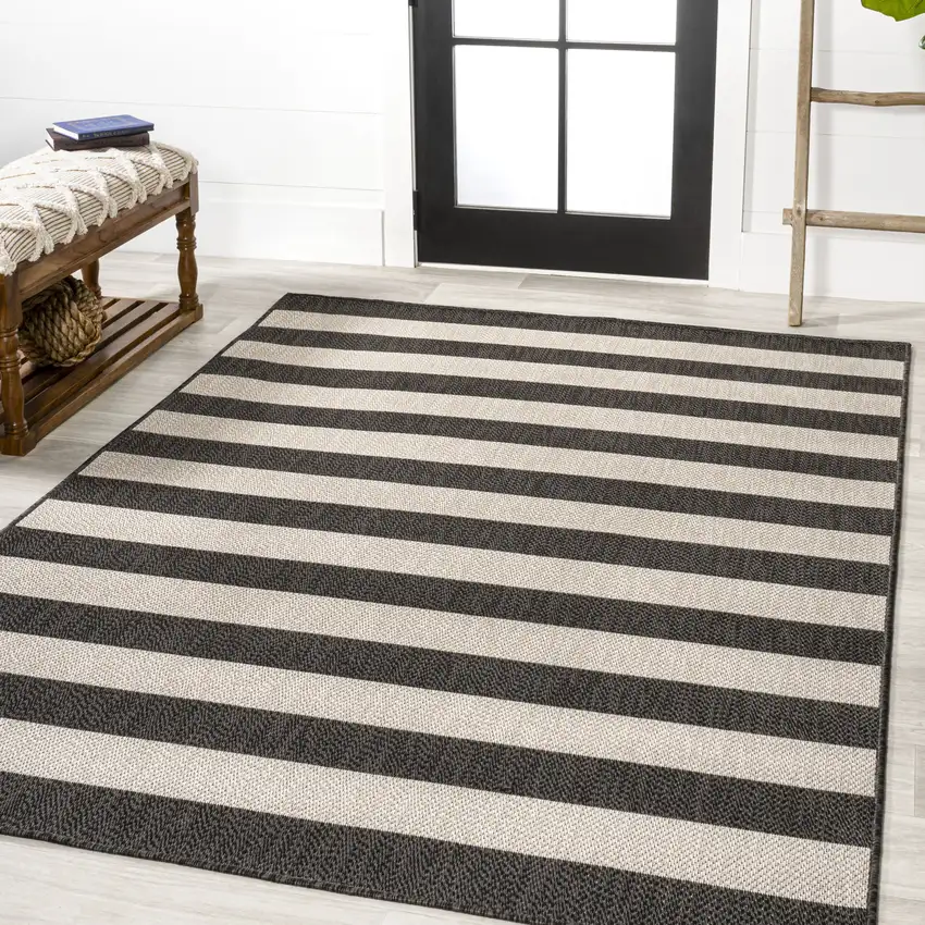 Black And Beige Striped Indoor Outdoor Area Rug Photo 5