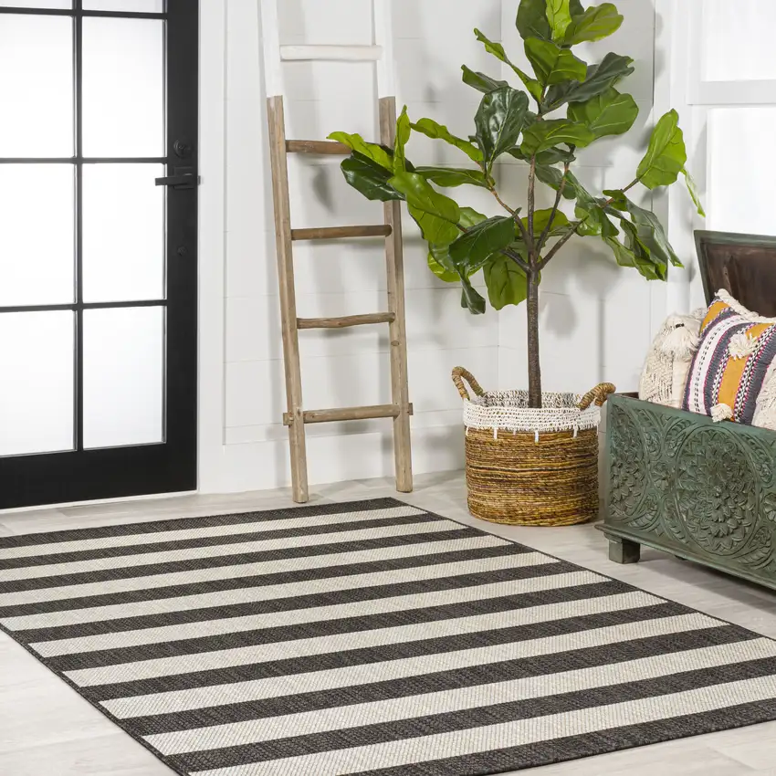 Black And Beige Striped Indoor Outdoor Area Rug Photo 8