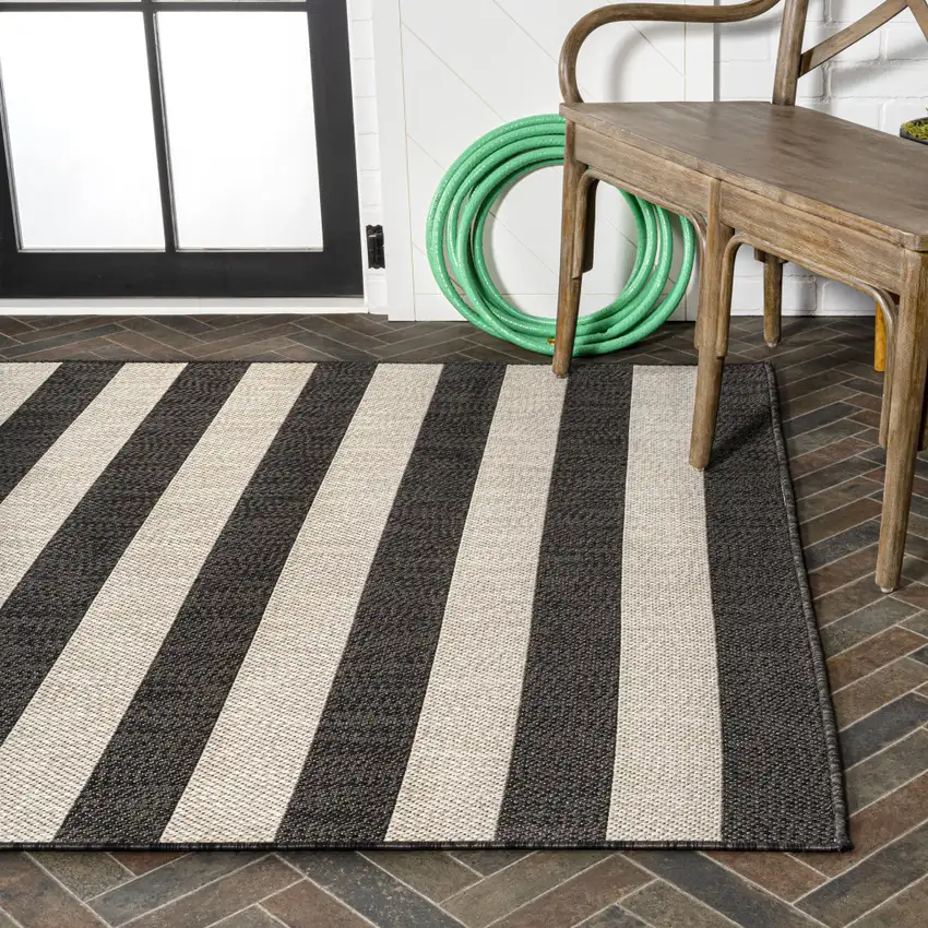 Black And Beige Striped Indoor Outdoor Area Rug Photo 9