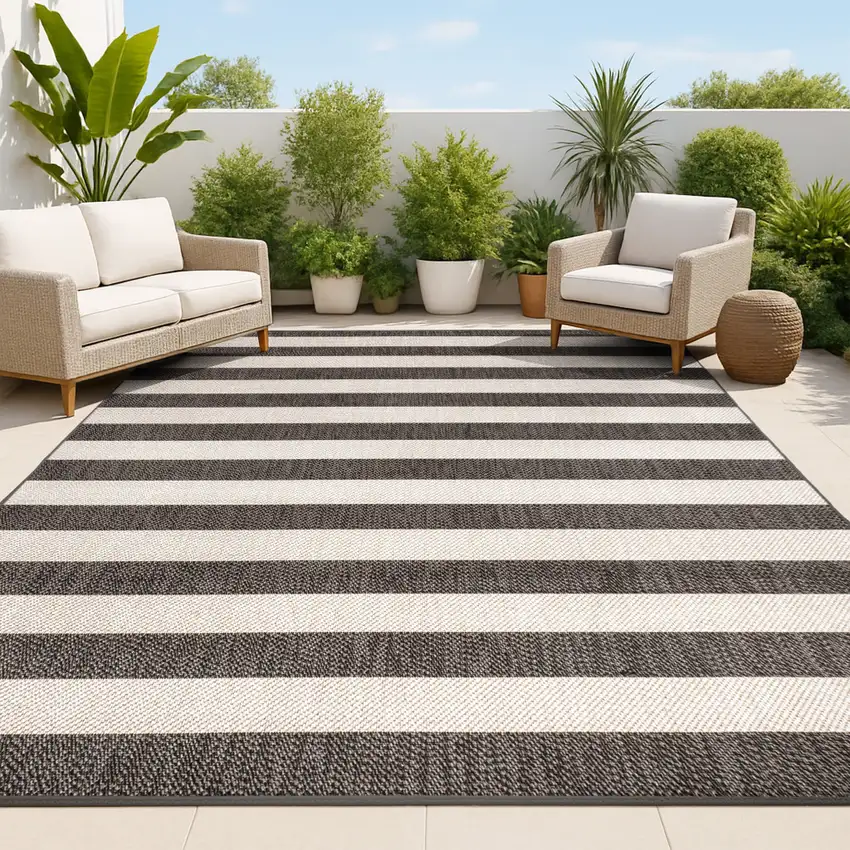 Black And Beige Striped Indoor Outdoor Area Rug Photo 4