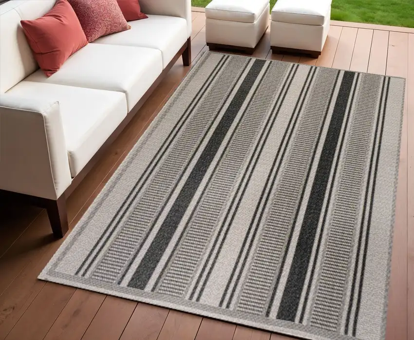 Black And Beige Striped Indoor Outdoor Area Rug Photo 1