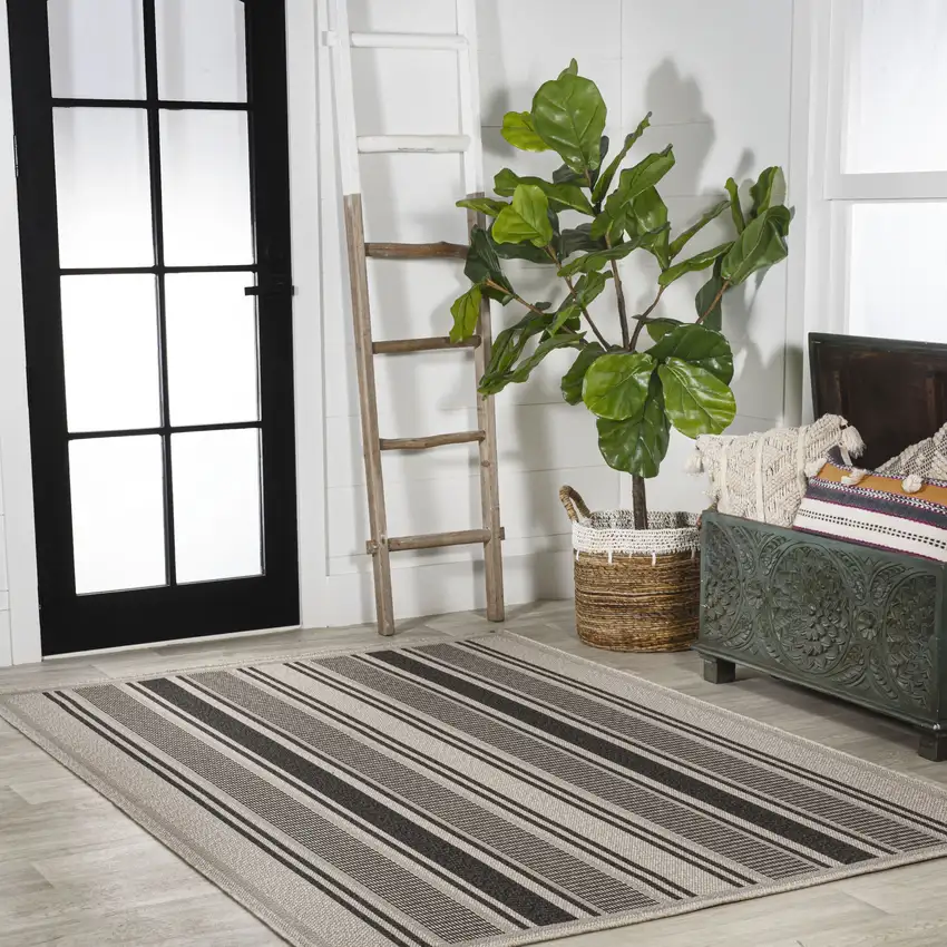 Black And Beige Striped Indoor Outdoor Area Rug Photo 8
