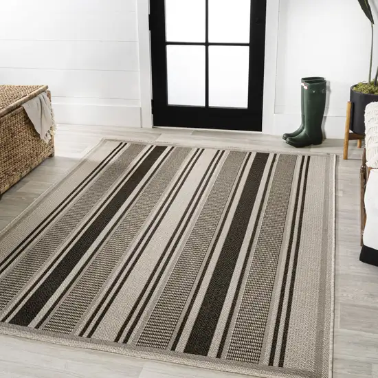 Black And Beige Striped Indoor Outdoor Area Rug Photo 5