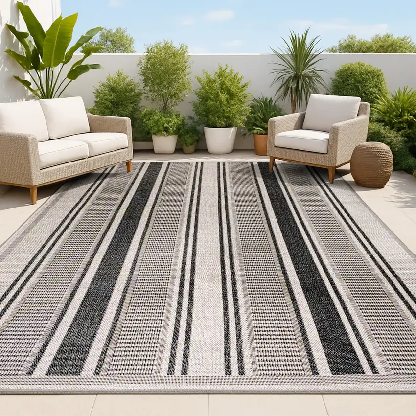 Black And Beige Striped Indoor Outdoor Area Rug Photo 4