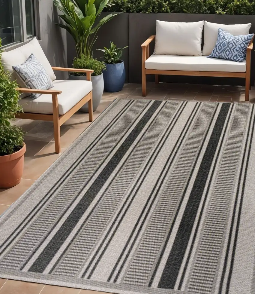 Black And Beige Striped Indoor Outdoor Area Rug Photo 1