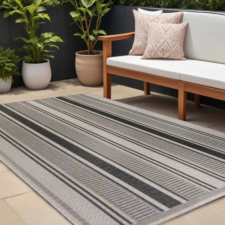 Black And Beige Striped Indoor Outdoor Area Rug Photo 1