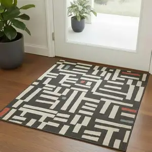 Photo of Black And Beige Striped Square Rug