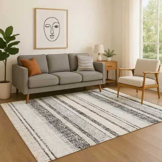 Black And Beige Striped Washable Area Rug With UV Protection Photo 5