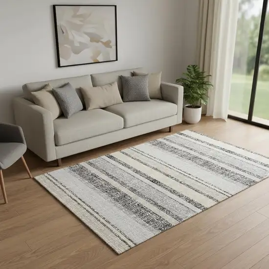 Black And Beige Striped Washable Area Rug With UV Protection Photo 2