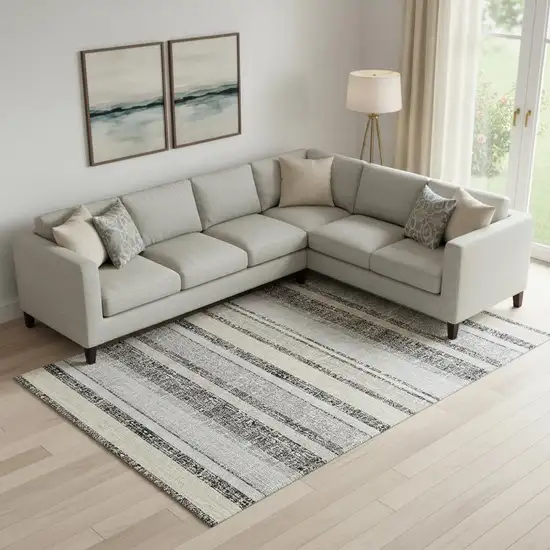 Black And Beige Striped Washable Area Rug With UV Protection Photo 2