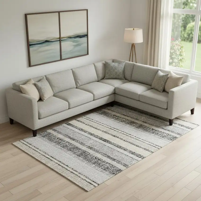 Black And Beige Striped Washable Area Rug With UV Protection Photo 2