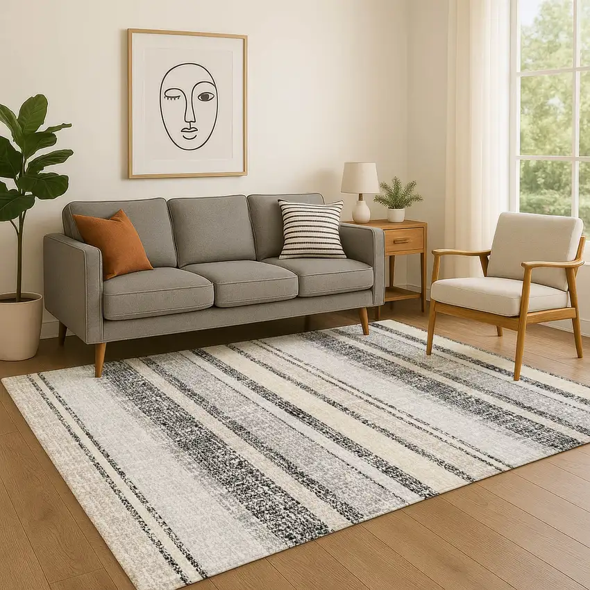 Black And Beige Striped Washable Area Rug With UV Protection Photo 5