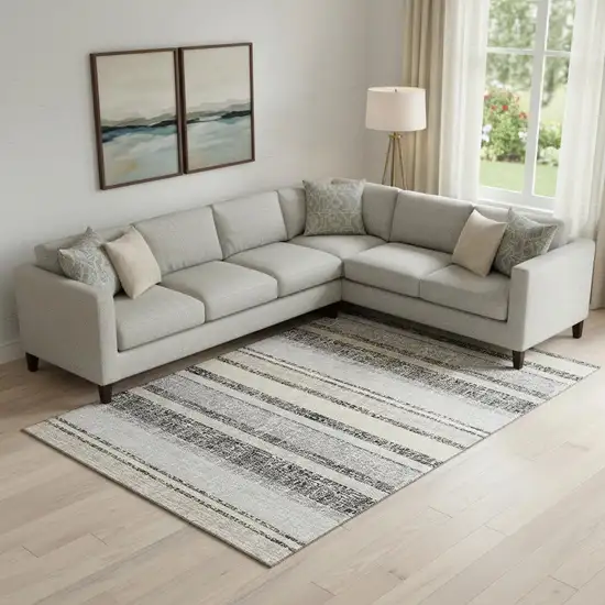 Black And Beige Striped Washable Area Rug With UV Protection Photo 2