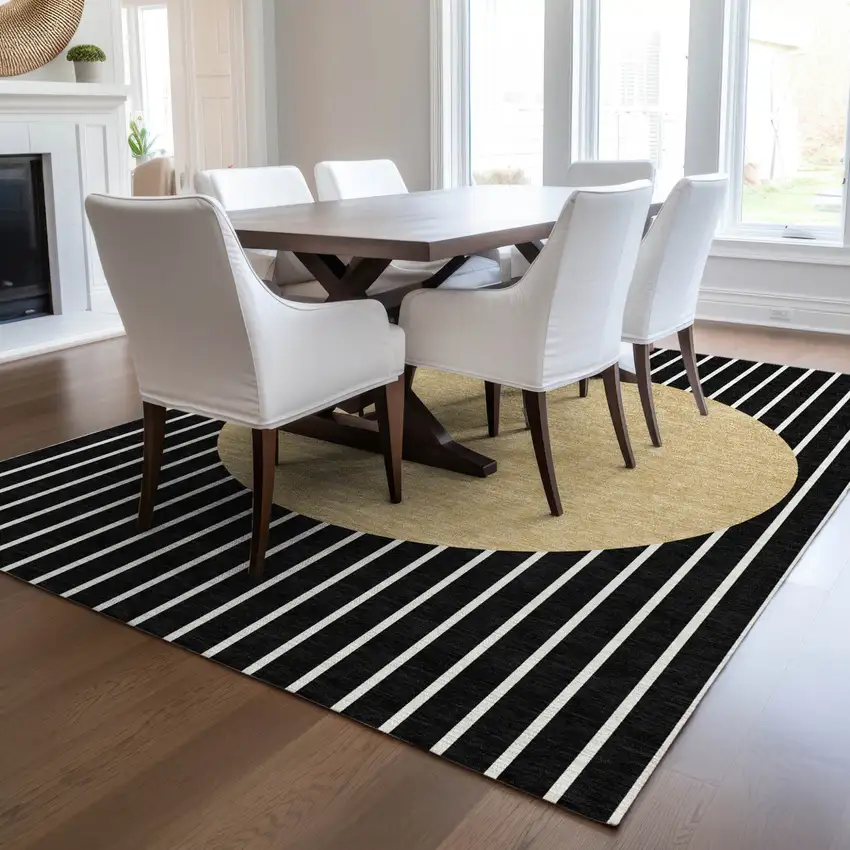 Black And Beige Striped Washable Indoor Outdoor Area Rug Photo 9