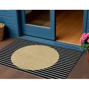 Photo of Black And Beige Striped Washable Indoor Outdoor Area Rug