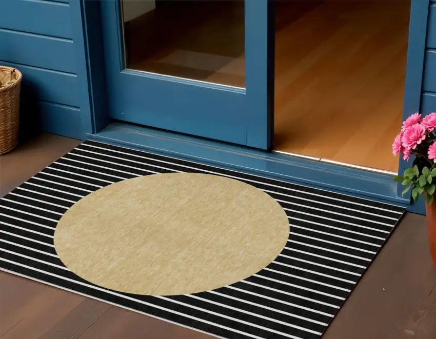 Black And Beige Striped Washable Indoor Outdoor Area Rug Photo 1