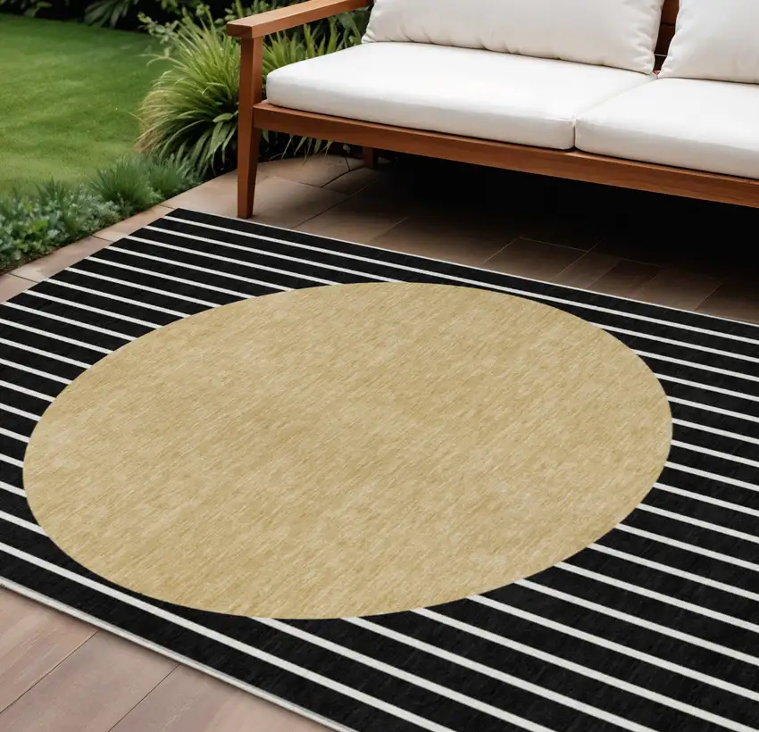 Black And Beige Striped Washable Indoor Outdoor Area Rug Photo 1
