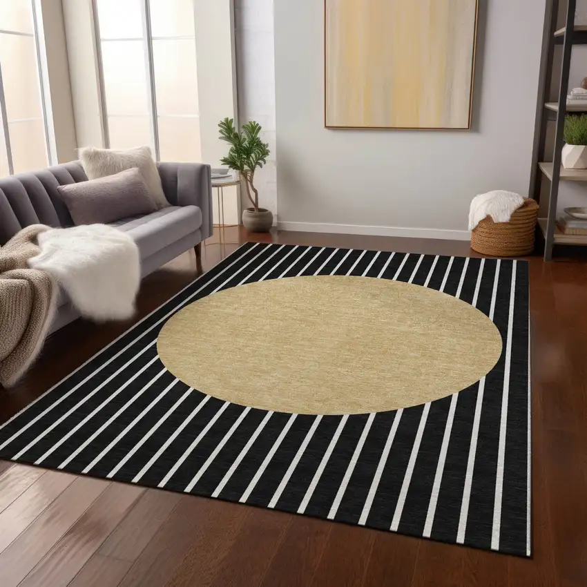 Black And Beige Striped Washable Indoor Outdoor Area Rug Photo 9