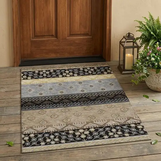 Black And Beige Striped Washable Indoor Outdoor Area Rug Photo 1